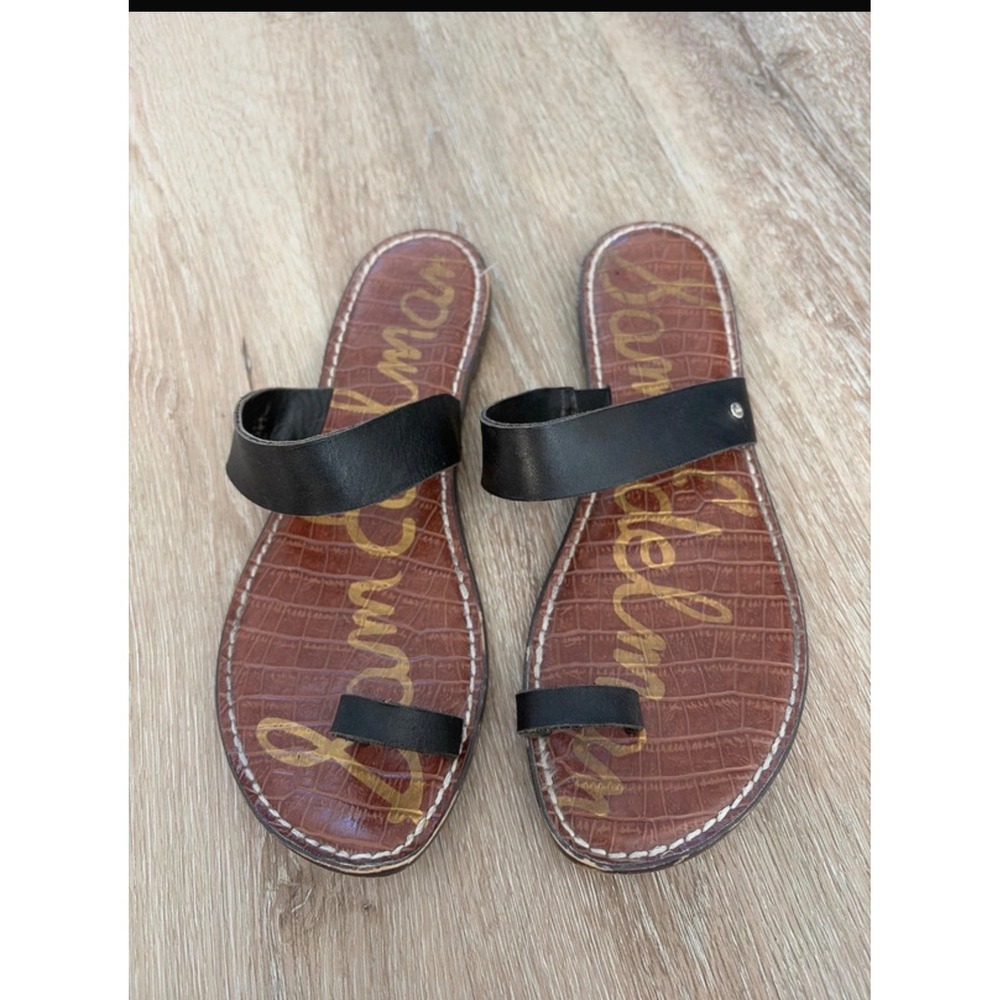 Sam Edelman Gala Black Leather Toe Loop Slide Sandals Cognac Croc Footbed Womens